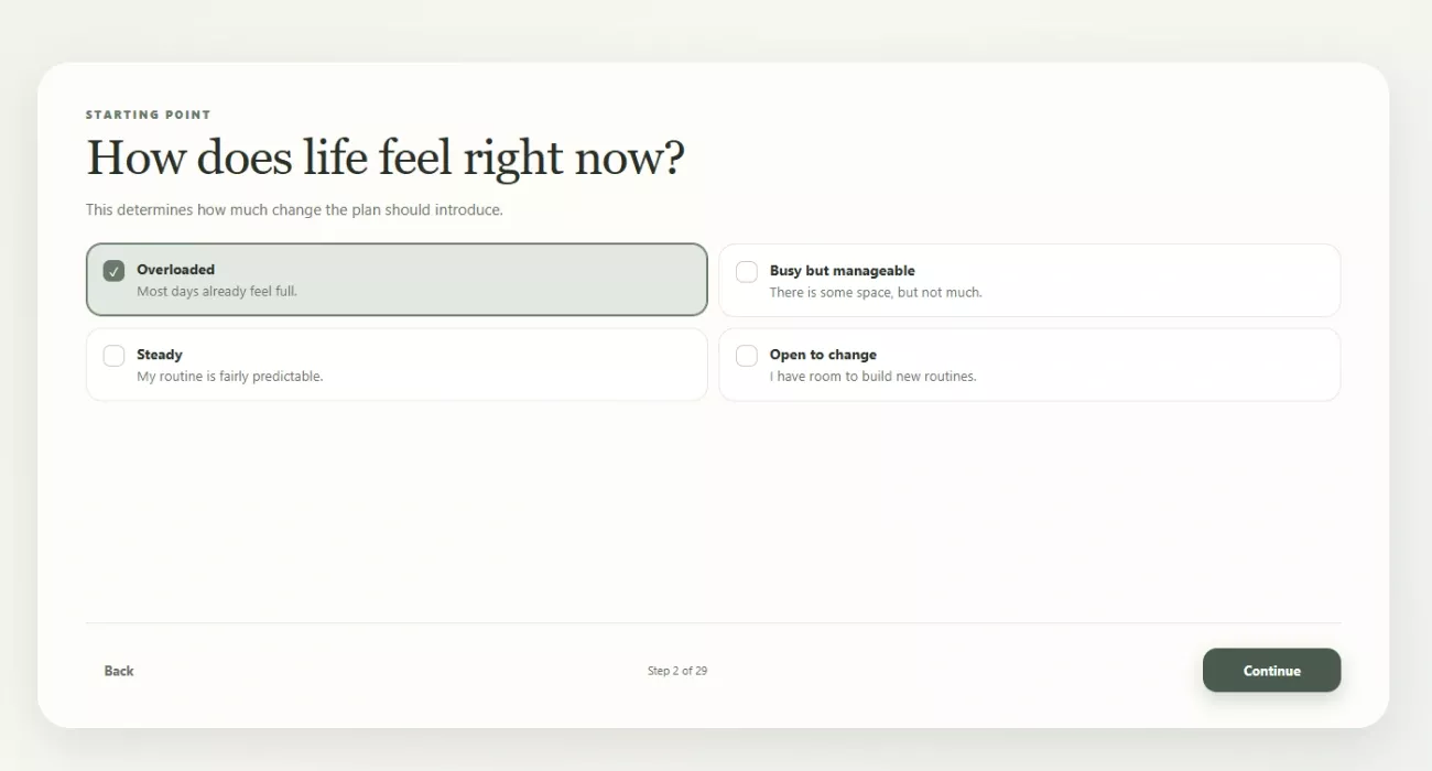 A question step asking how life feels right now, with four options