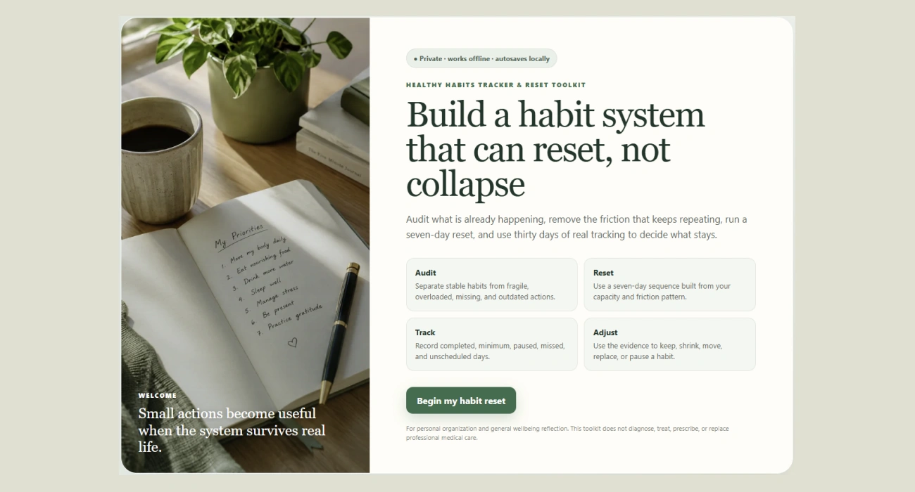 Opening screen of the healthy habits tracker and reset toolkit