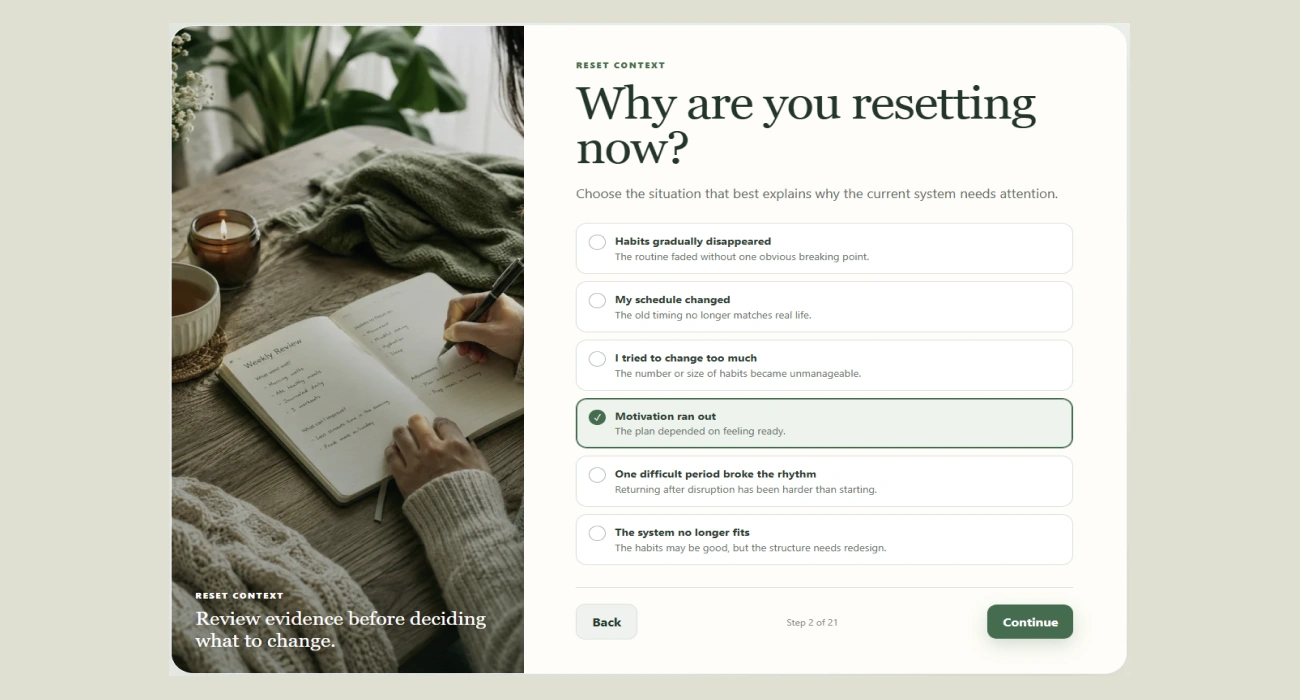 A question step asking why the routine needs resetting now, with six situations to choose from