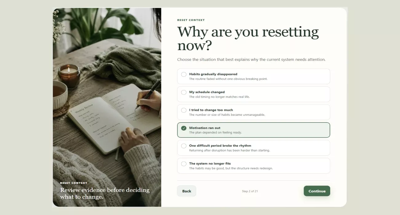 A question step asking why the routine needs resetting now, with six situations to choose from