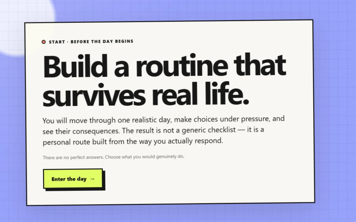 Opening screen of the self-care day simulator with an Enter the day button