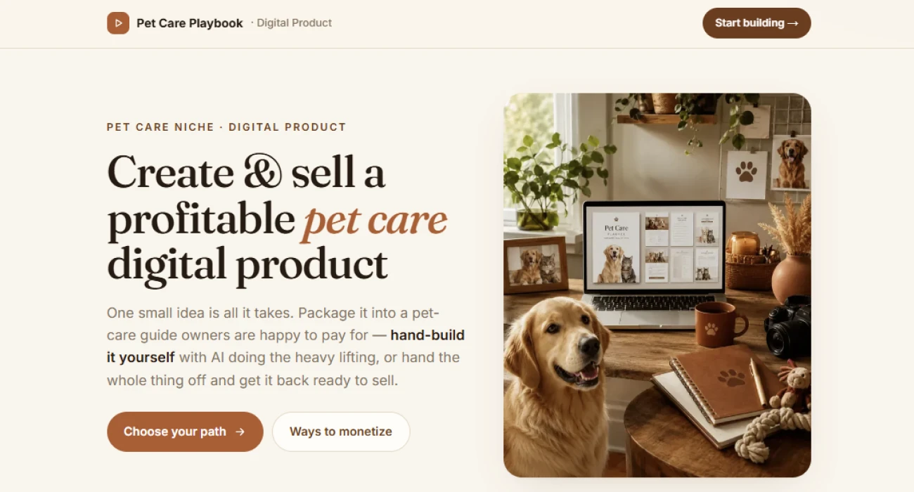 Opening screen of the pet care digital product playbook