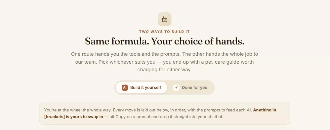 Toggle between the build-it-yourself and done-for-you routes