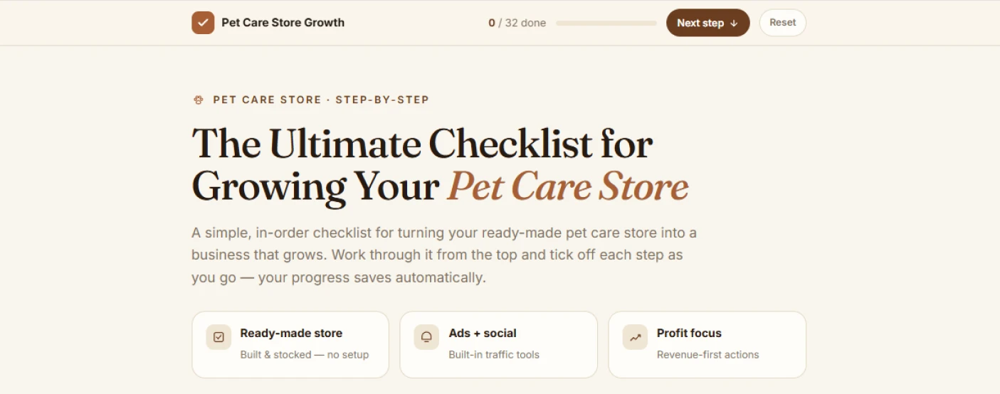 Opening screen of the pet care store growth checklist with a progress counter