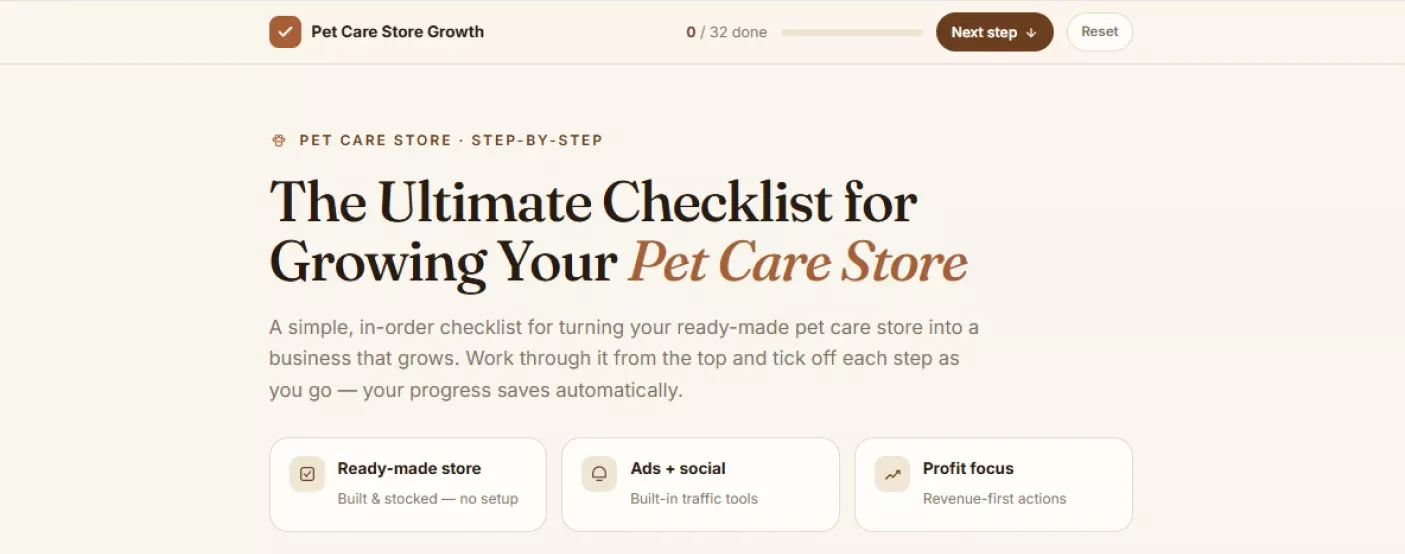 Opening screen of the pet care store growth checklist with a progress counter