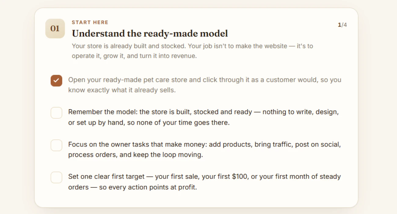 A step of the checklist opened into individual tickable actions