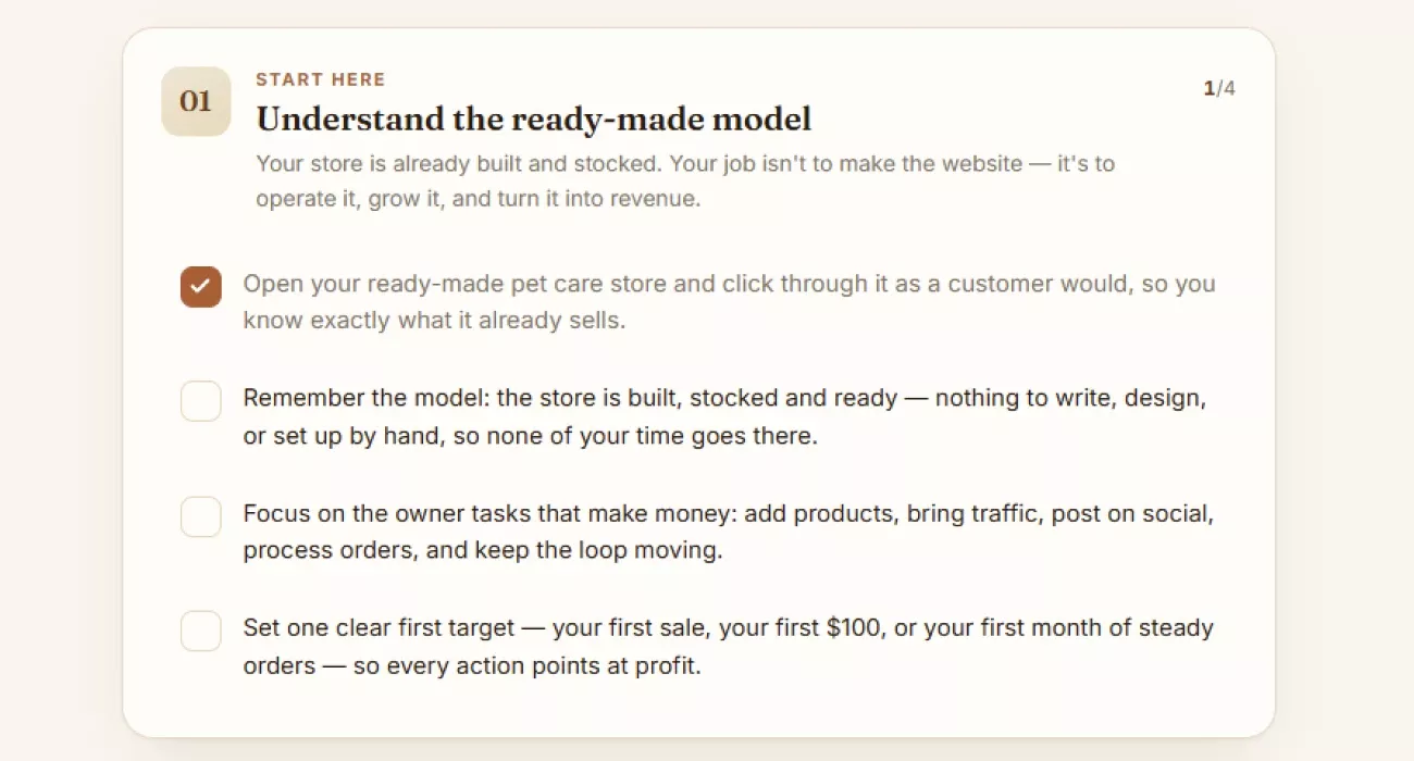 A step of the checklist opened into individual tickable actions