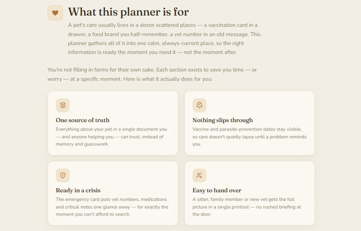 Section explaining what the pet care planner is for, with four benefit cards