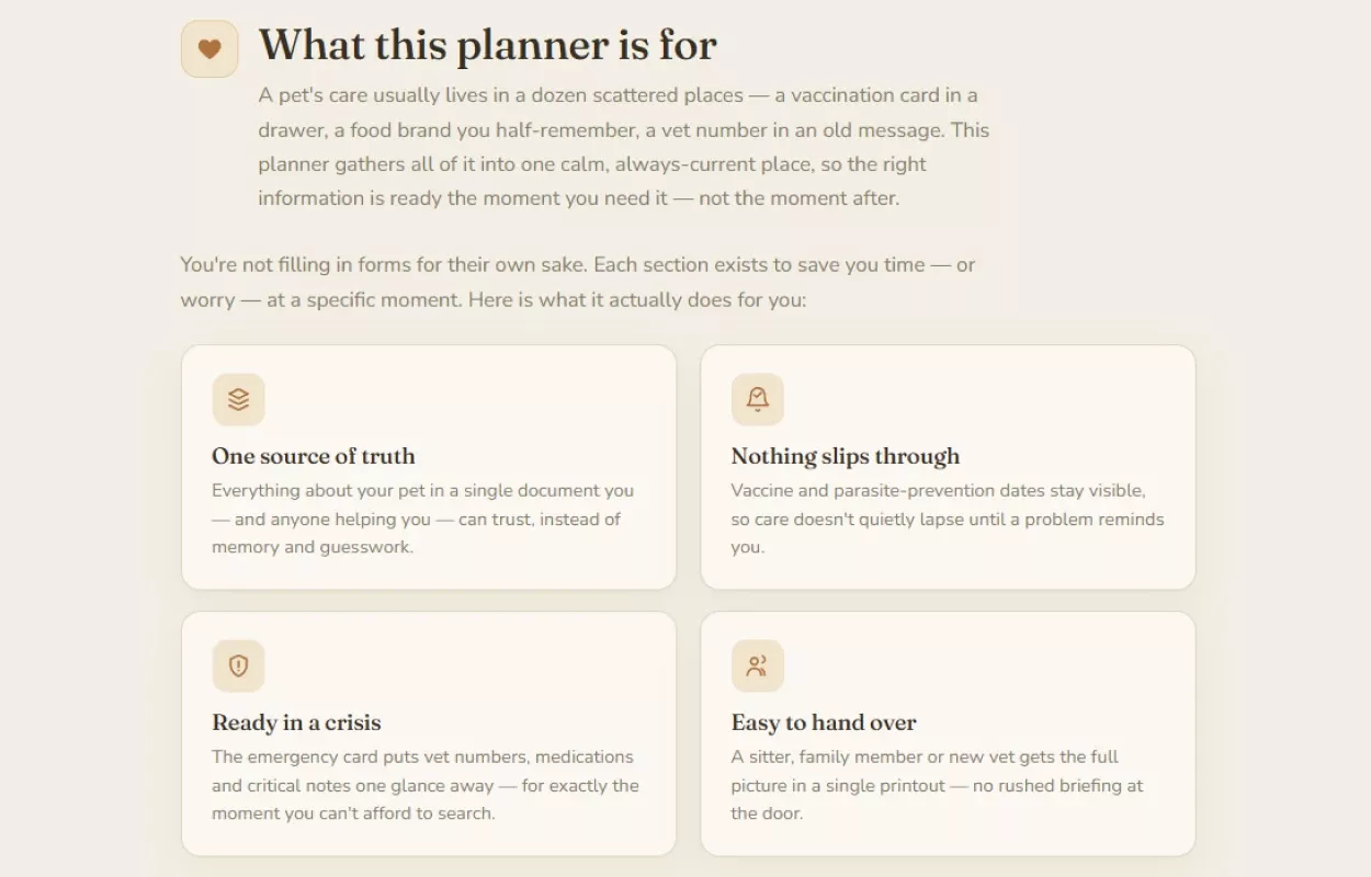 Section explaining what the pet care planner is for, with four benefit cards