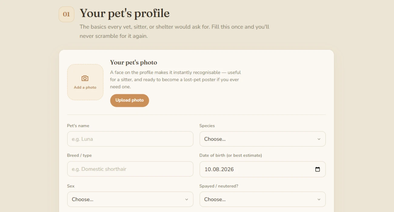 Inside the pet profile section of the planner, with a photo upload and input fields