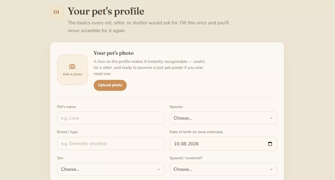 Inside the pet profile section of the planner, with a photo upload and input fields