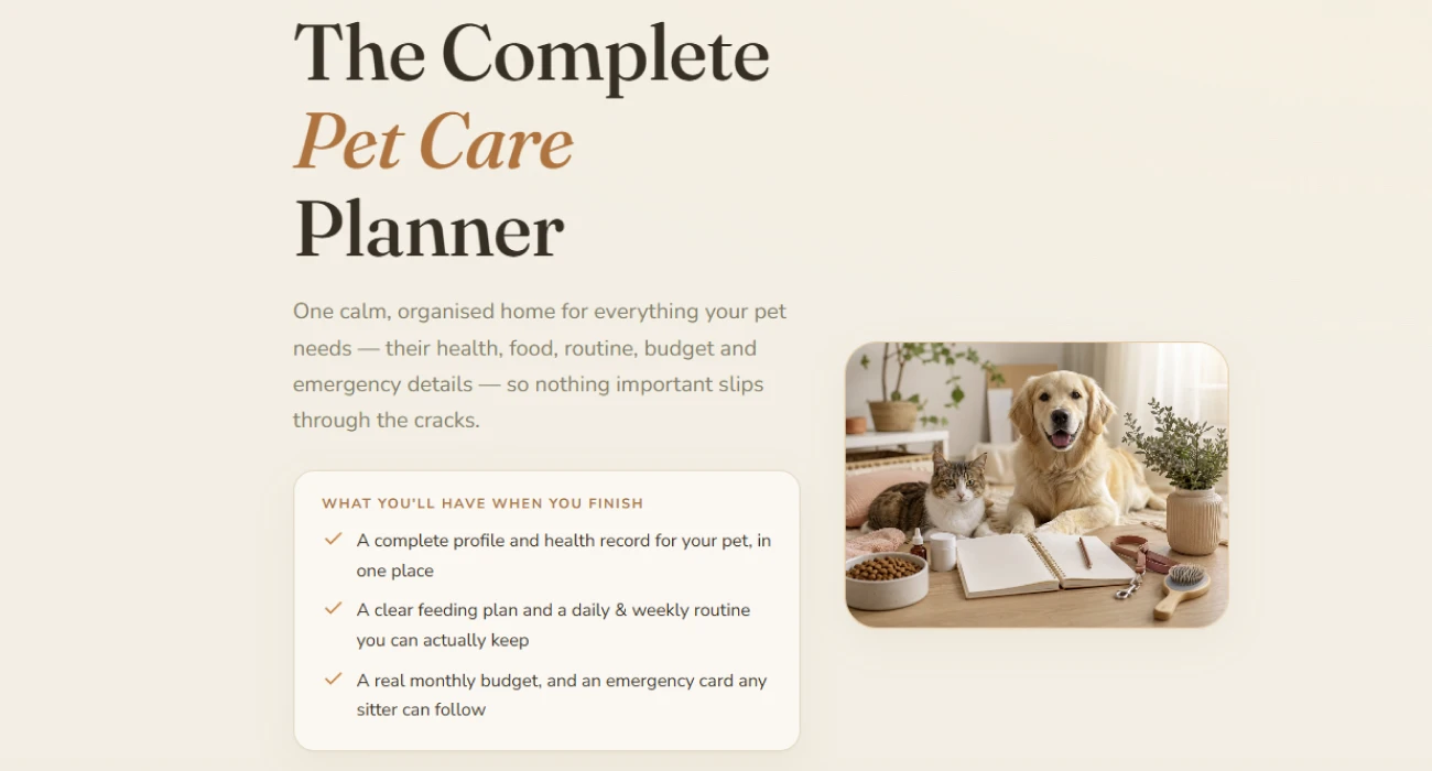 Opening screen of the complete pet care planner
