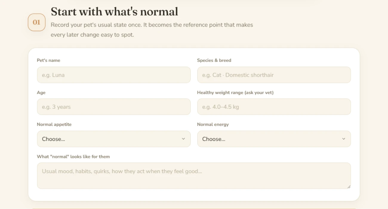 The baseline section of the tracker with fields describing the pet's usual state