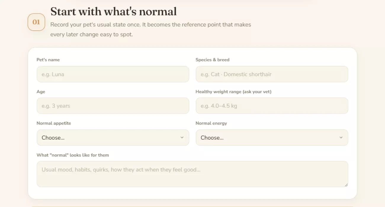 The baseline section of the tracker with fields describing the pet's usual state