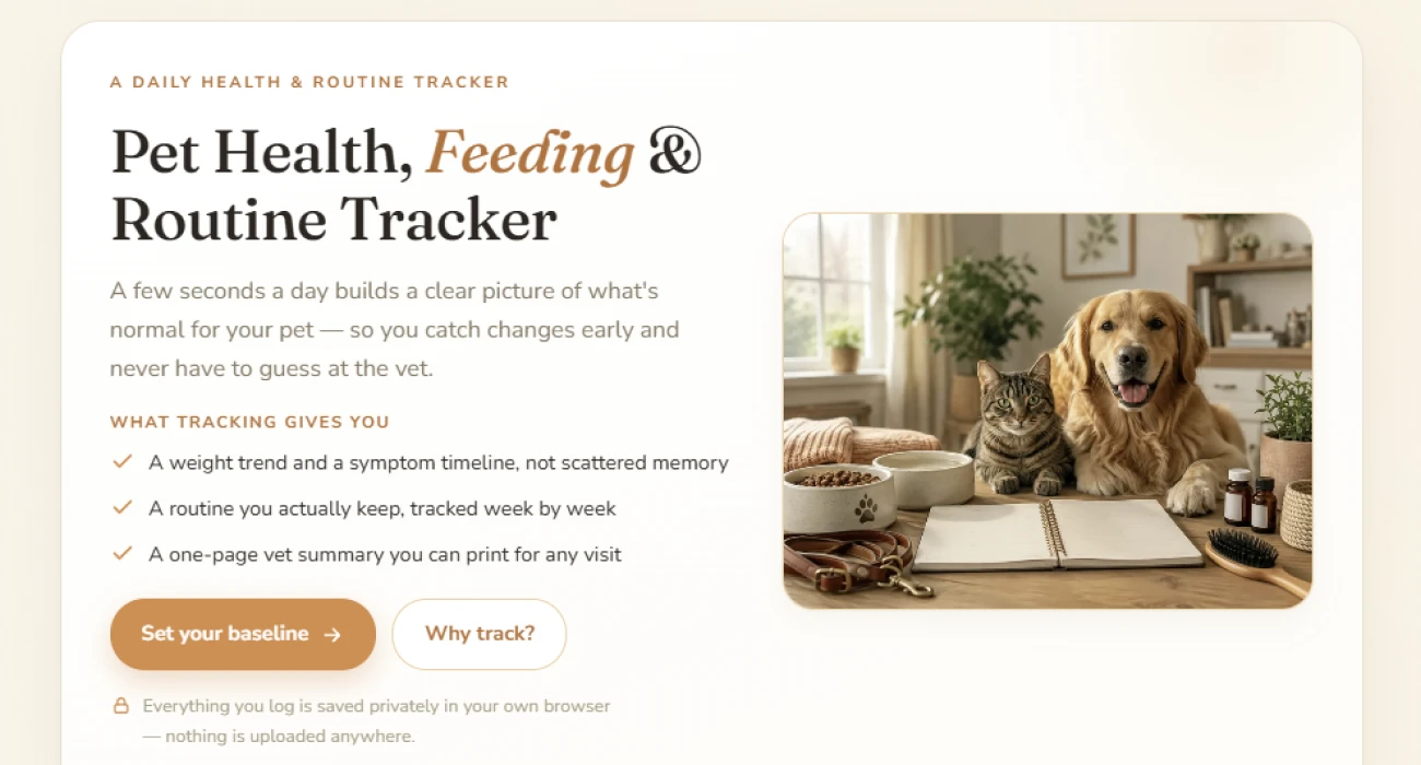 Opening screen of the pet health, feeding and routine tracker