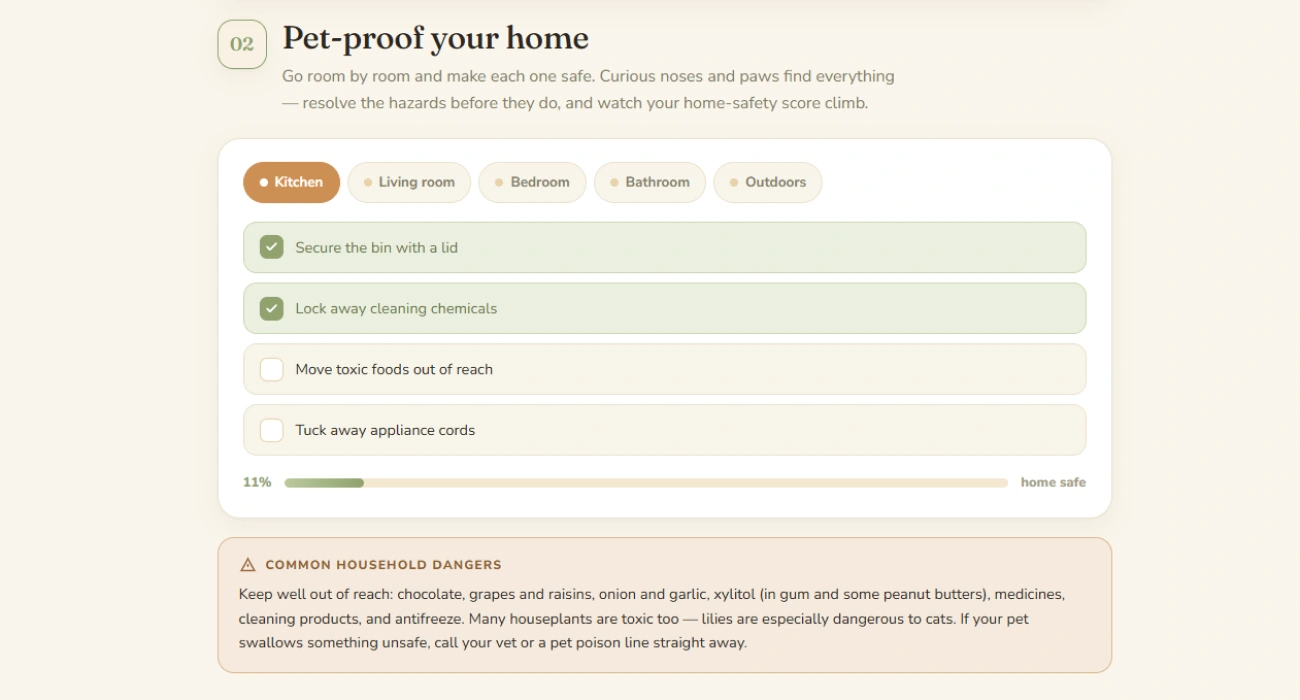 The pet-proofing section with room tabs, checkboxes and a home-safety score