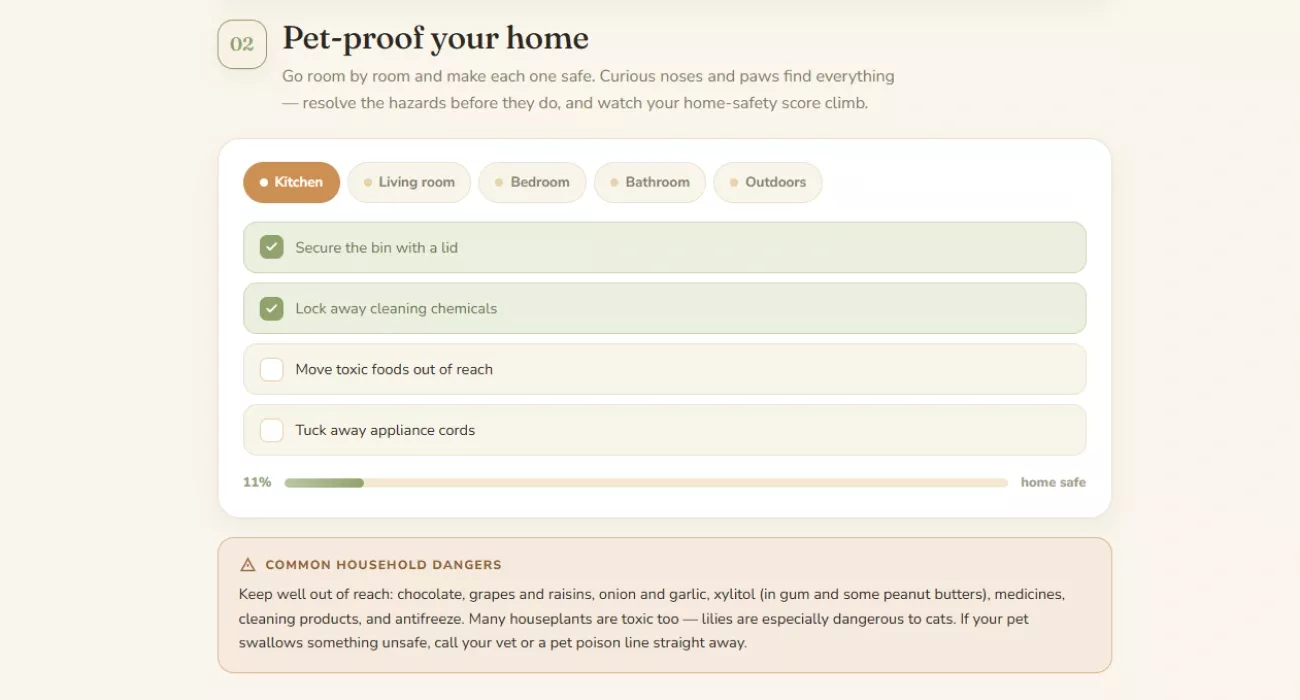 The pet-proofing section with room tabs, checkboxes and a home-safety score