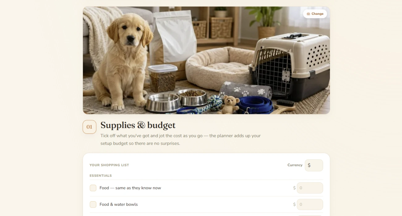 The supplies and budget section with a shopping list and running setup cost