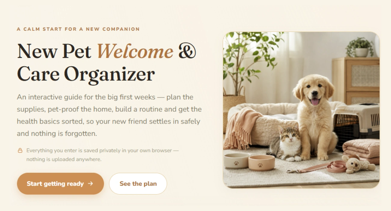 Opening screen of the new pet welcome and care organizer