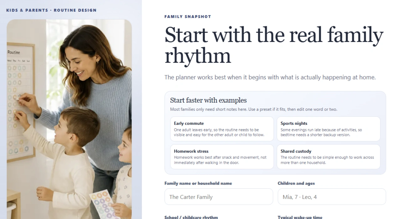 The family snapshot step with ready-made examples and short input fields
