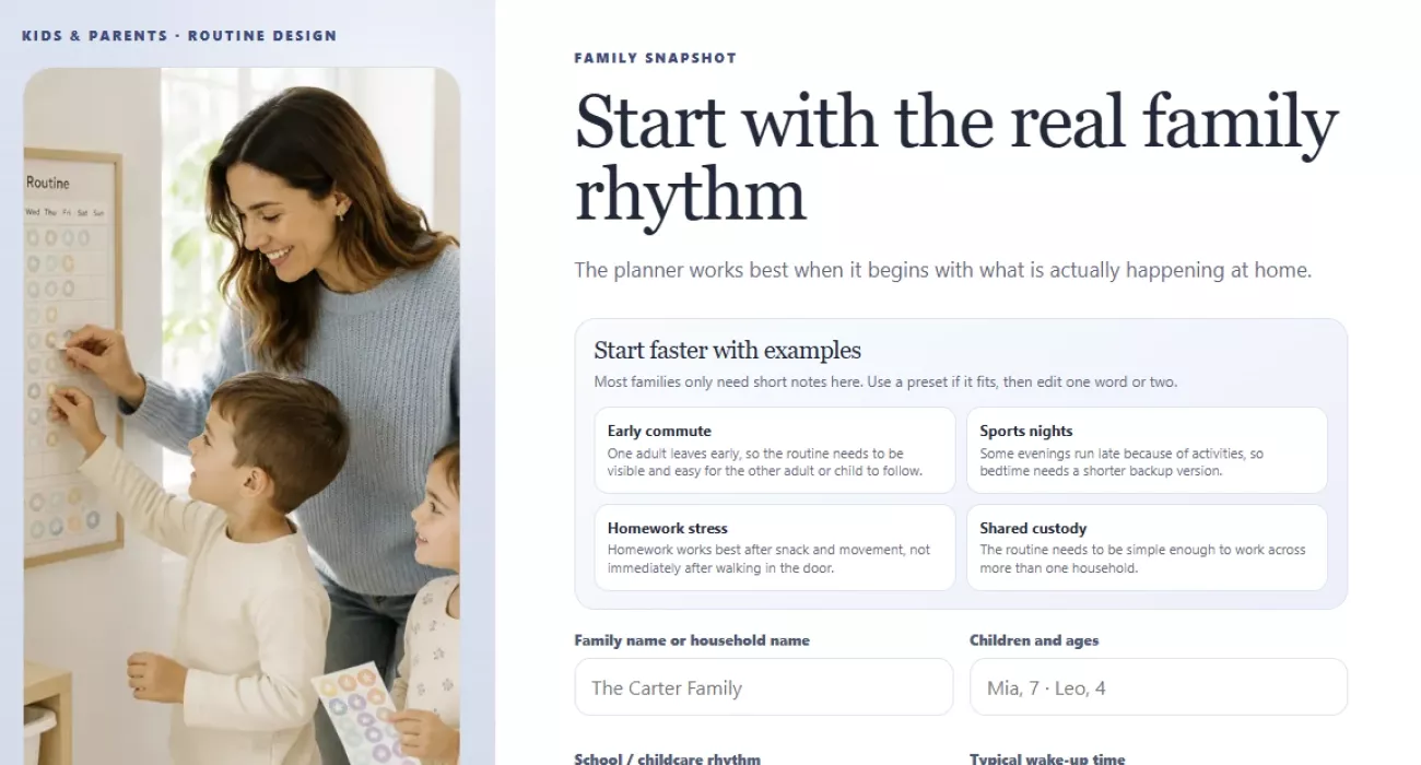 The family snapshot step with ready-made examples and short input fields