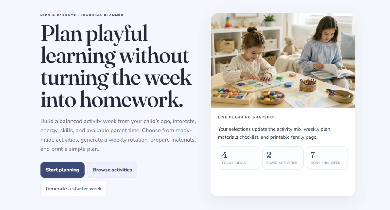 Opening screen of the kids activities and learning planner