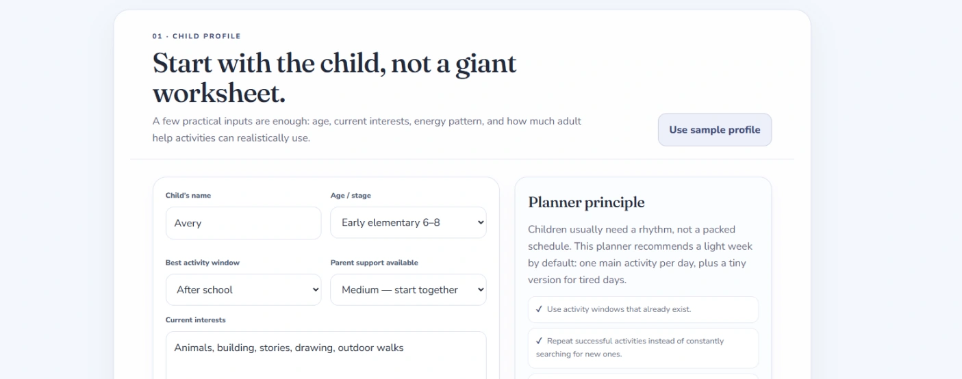 The child profile step with a few short practical inputs