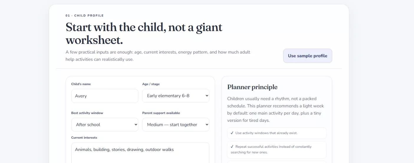 The child profile step with a few short practical inputs