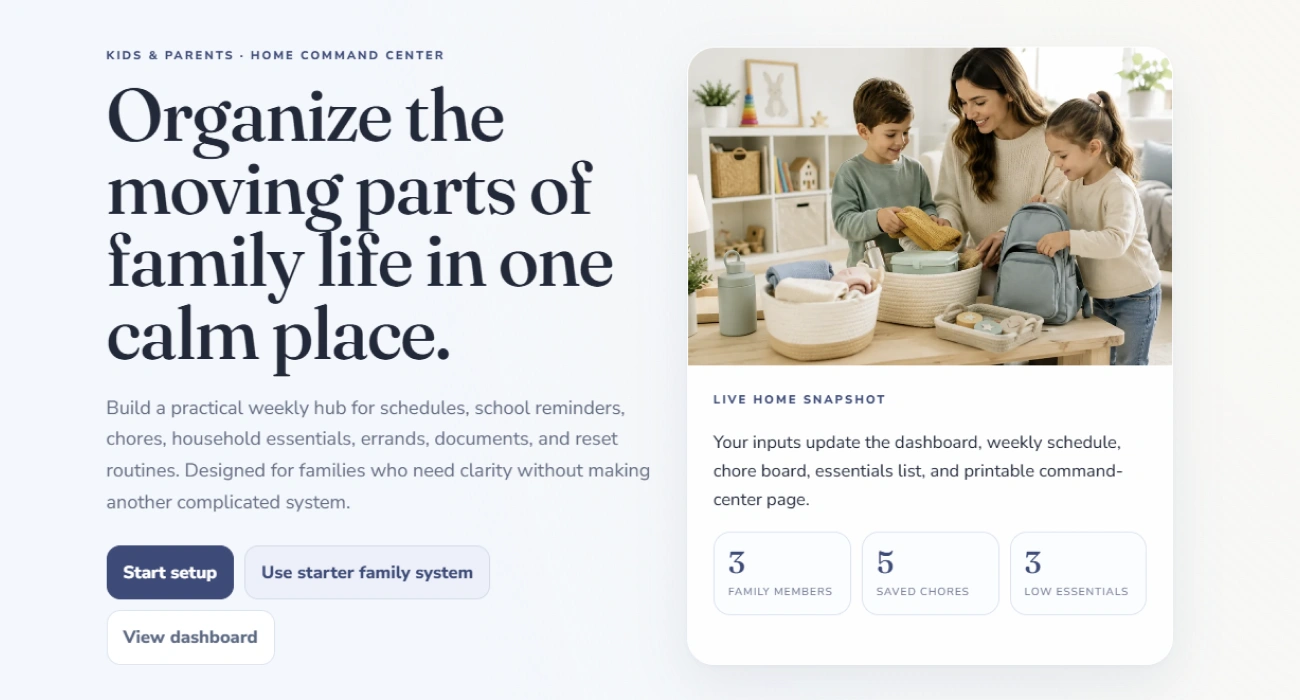 Opening screen of the family schedules, chores and essentials organizer