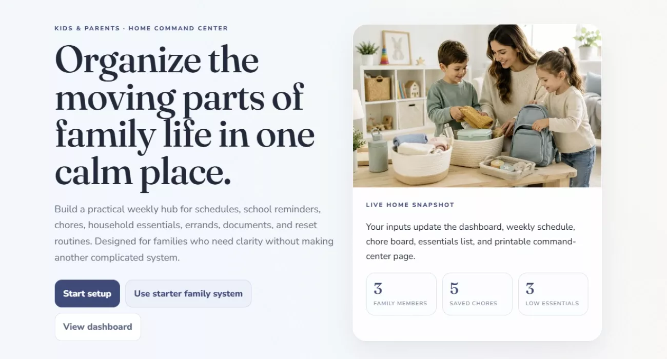 Opening screen of the family schedules, chores and essentials organizer