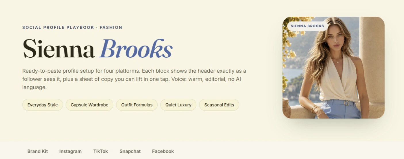 Opening screen of the fashion social profile playbook with the creator, her themes and the platform nav