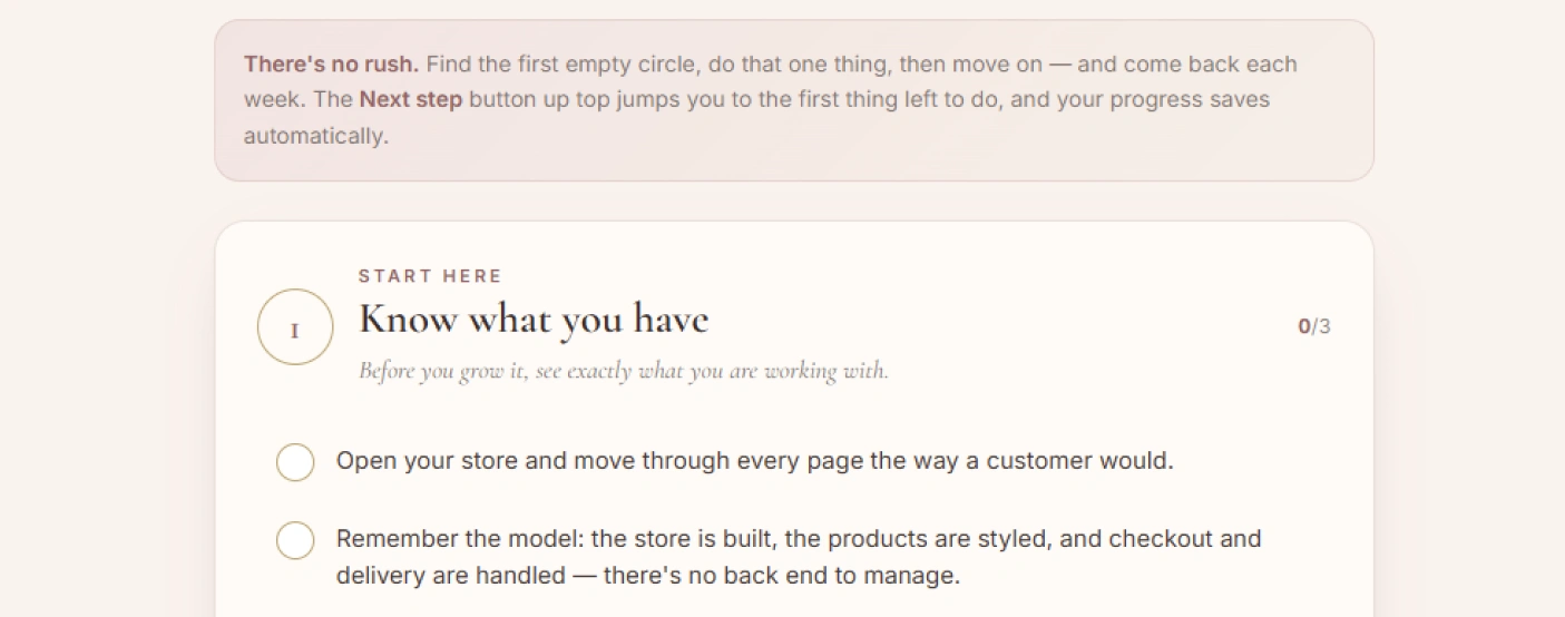 A stage of the checklist opened into individual tickable actions