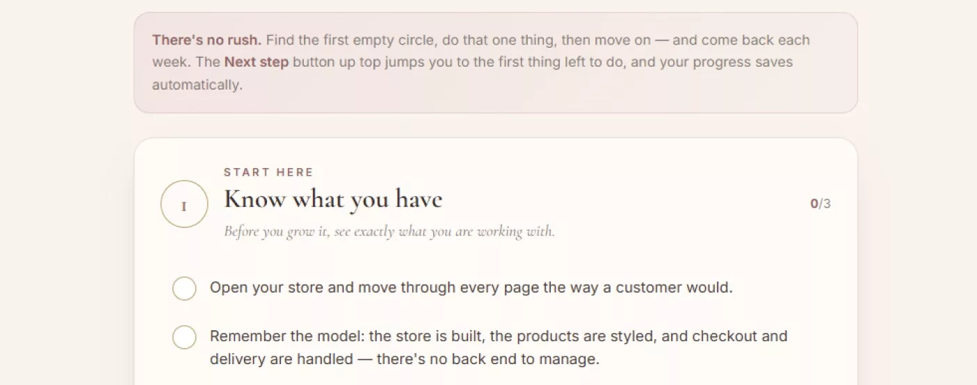A stage of the checklist opened into individual tickable actions