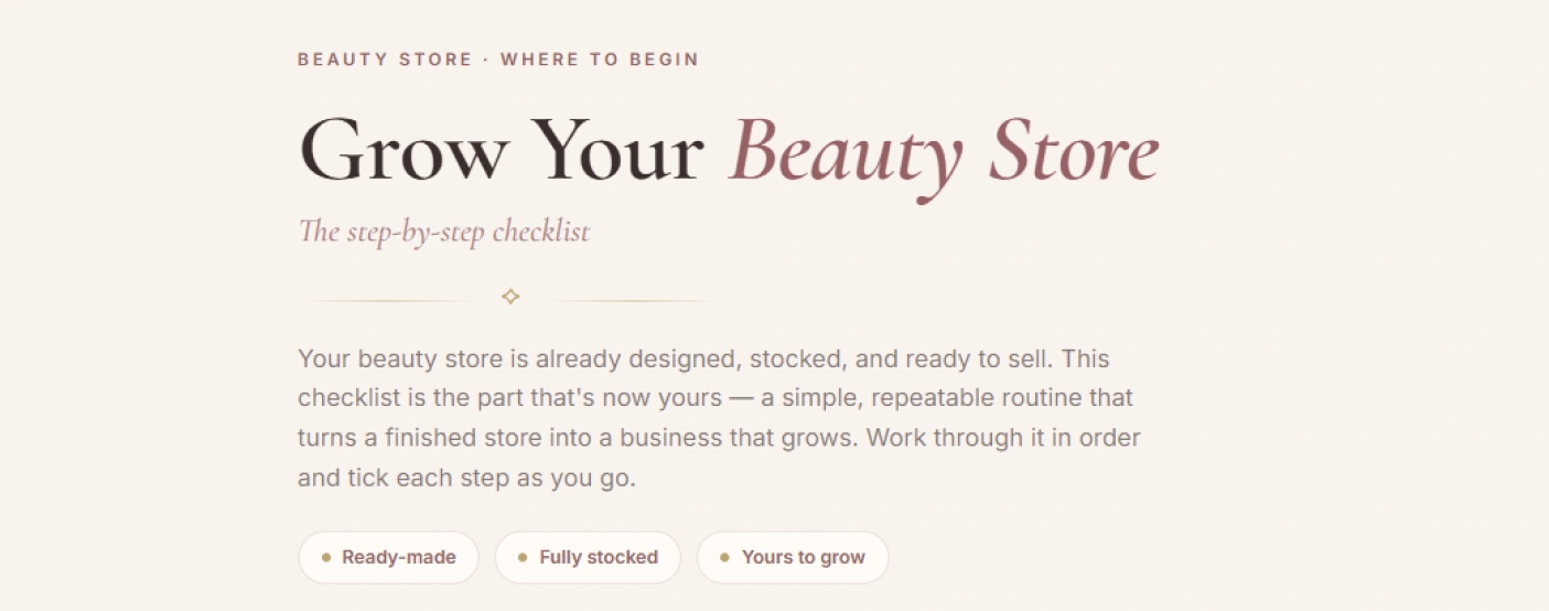 Opening screen of the beauty store growth checklist