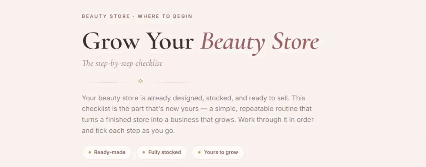 Opening screen of the beauty store growth checklist