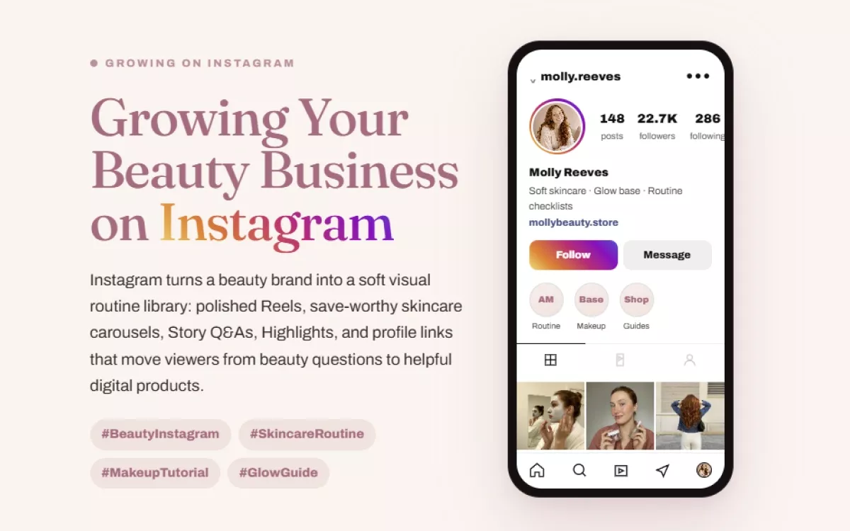 Opening screen of the beauty Instagram growth guide with a profile preview