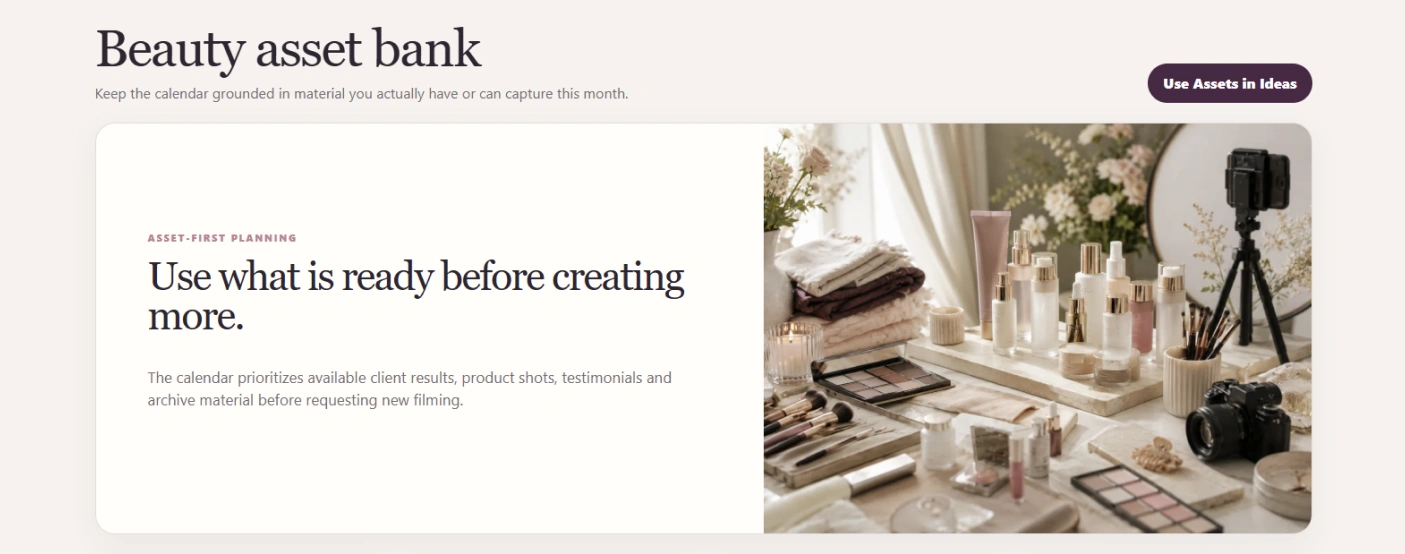 The asset bank screen listing available material before new filming is planned