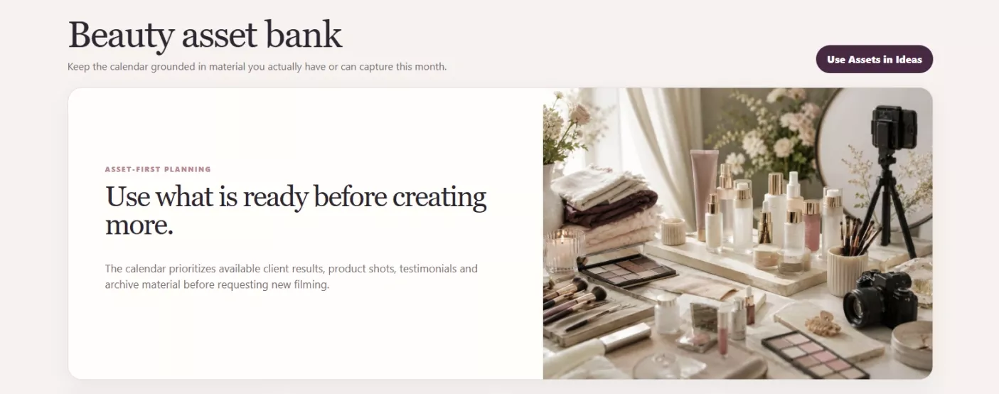 The asset bank screen listing available material before new filming is planned