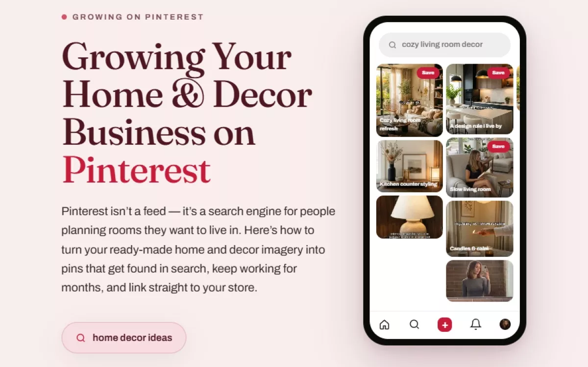 Opening screen of the home and decor Pinterest guide