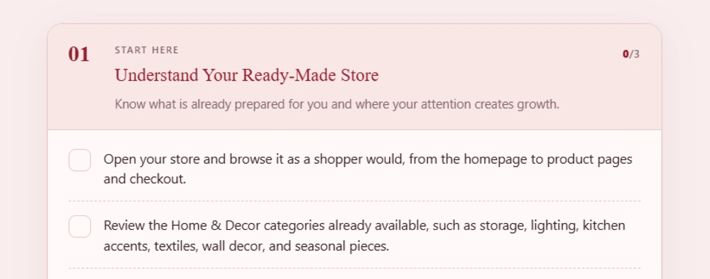 A stage of the checklist opened into individual tickable actions