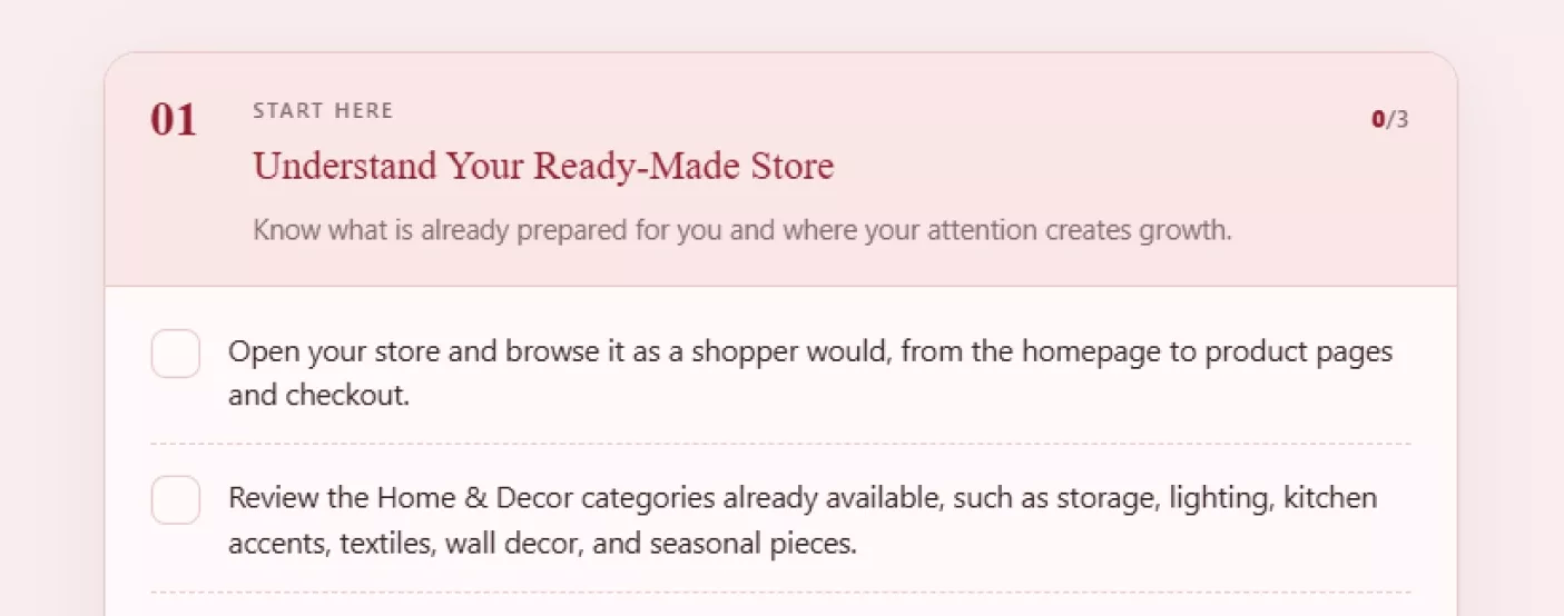 A stage of the checklist opened into individual tickable actions