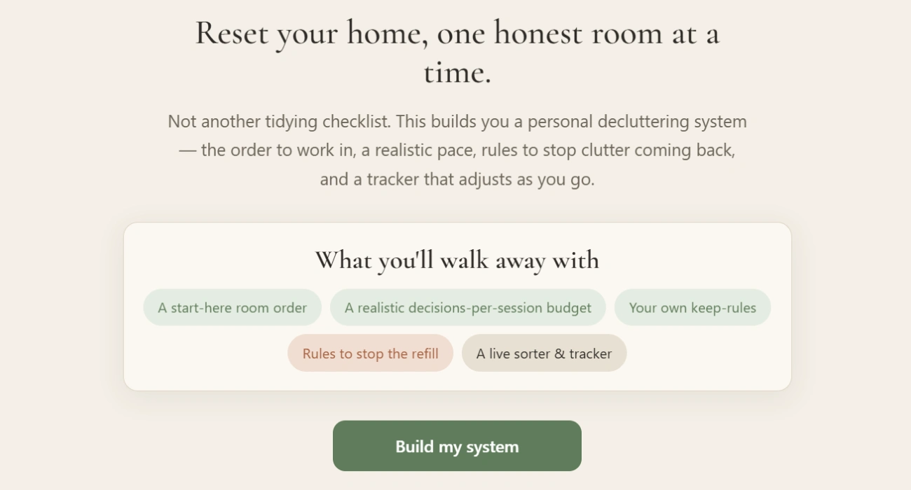 Opening screen of the home decluttering organizer listing what the buyer walks away with