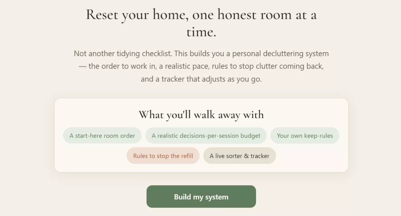 Opening screen of the home decluttering organizer listing what the buyer walks away with