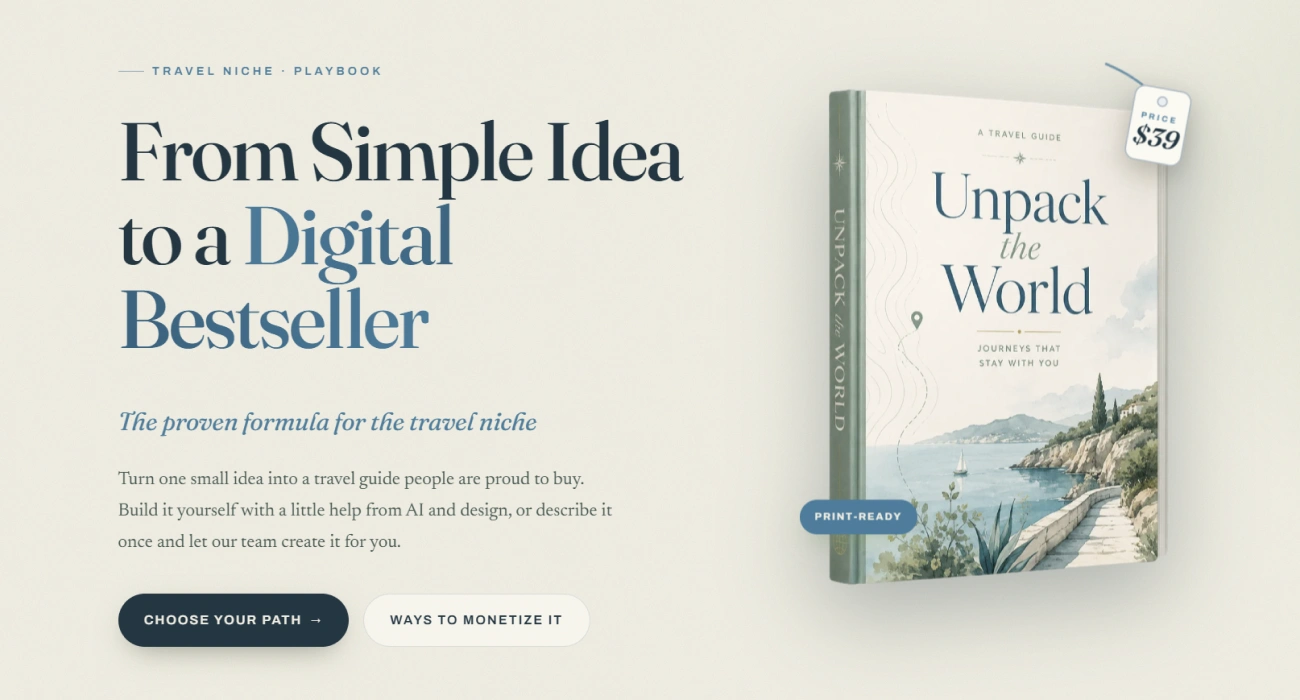 Opening screen of the travel niche playbook with a finished guide mockup