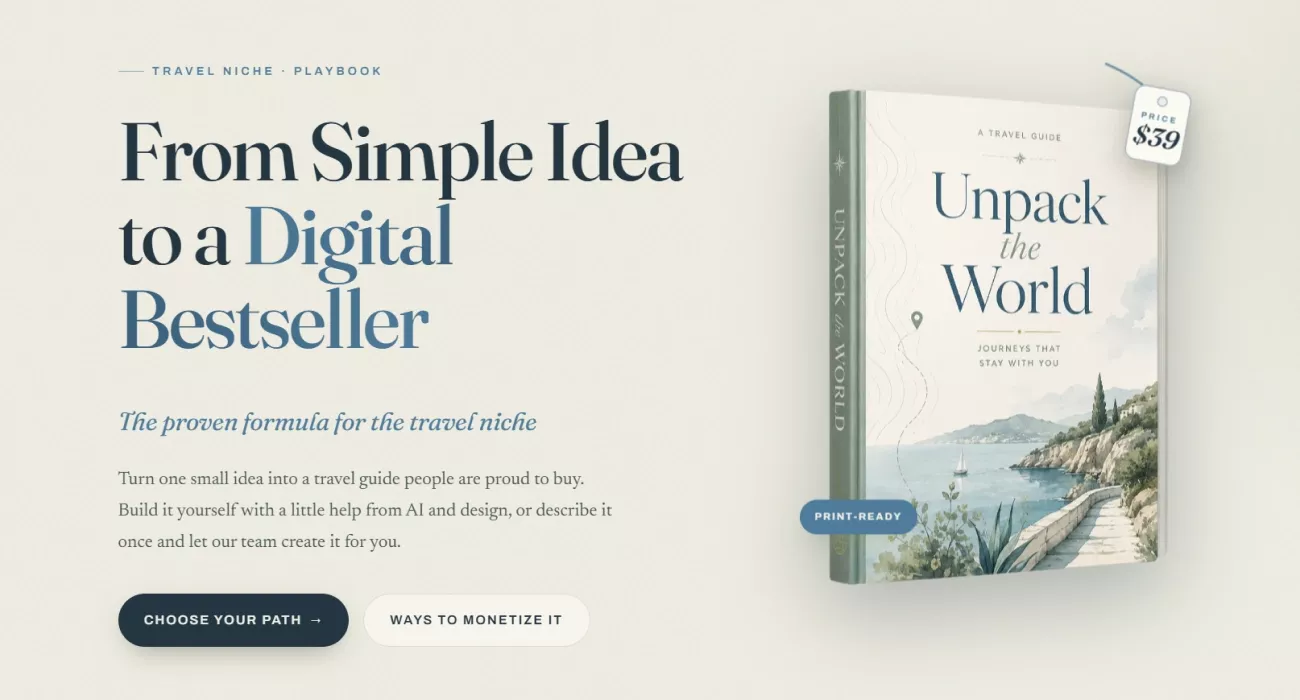 Opening screen of the travel niche playbook with a finished guide mockup