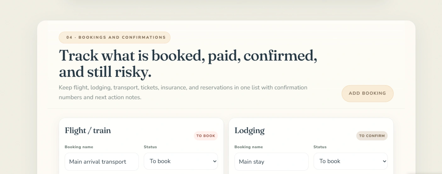 The bookings screen tracking what is booked, paid, confirmed and still risky