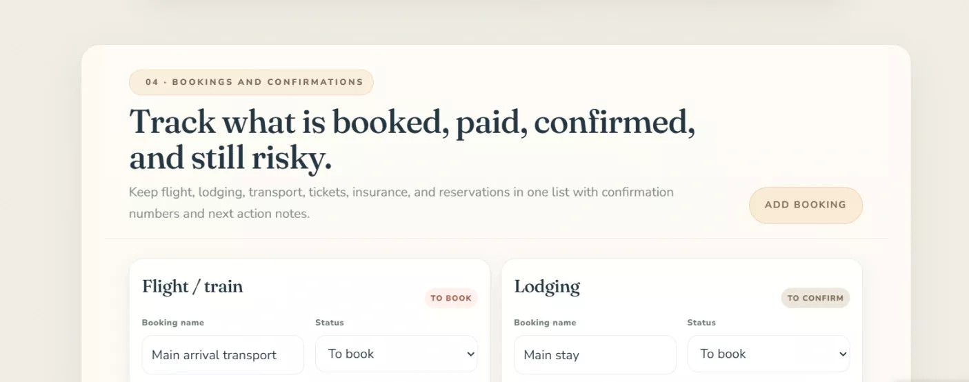 The bookings screen tracking what is booked, paid, confirmed and still risky