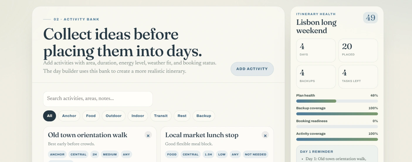 The activity bank screen with ideas tagged by area, duration, energy and weather