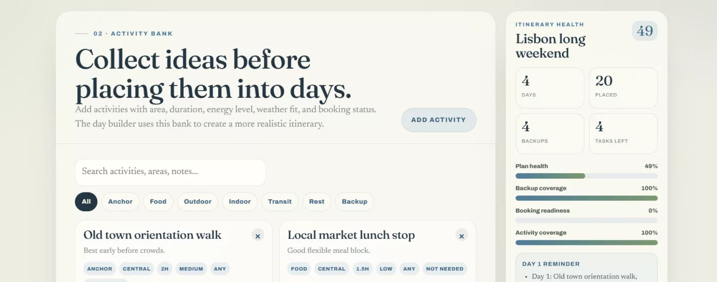 The activity bank screen with ideas tagged by area, duration, energy and weather