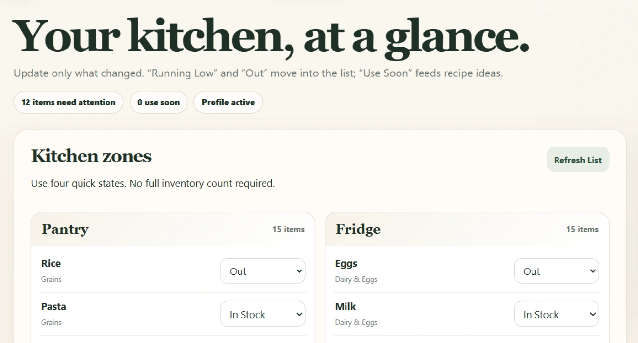 The kitchen workspace showing zones, item states and the Use First panel